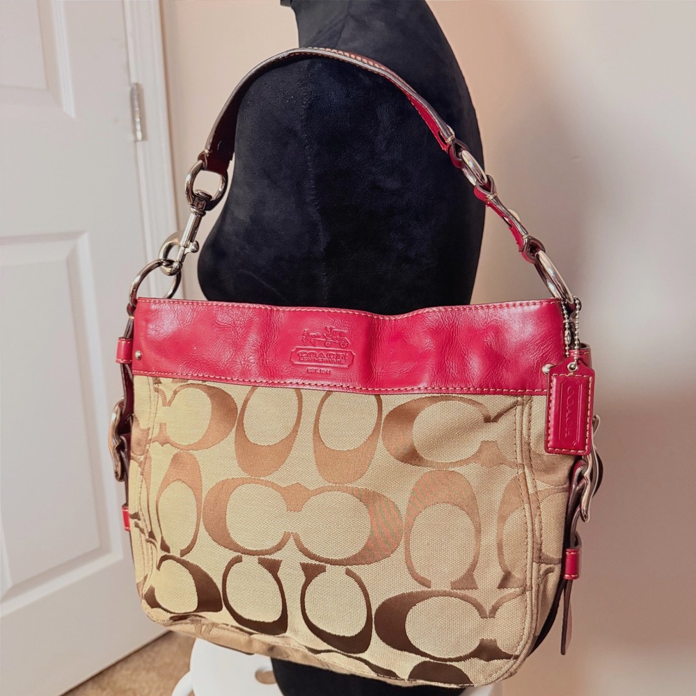 COACH Y2K Zoe Signature Hobo Bag Red Classic Logo Shoulder Purse Cavas Medium